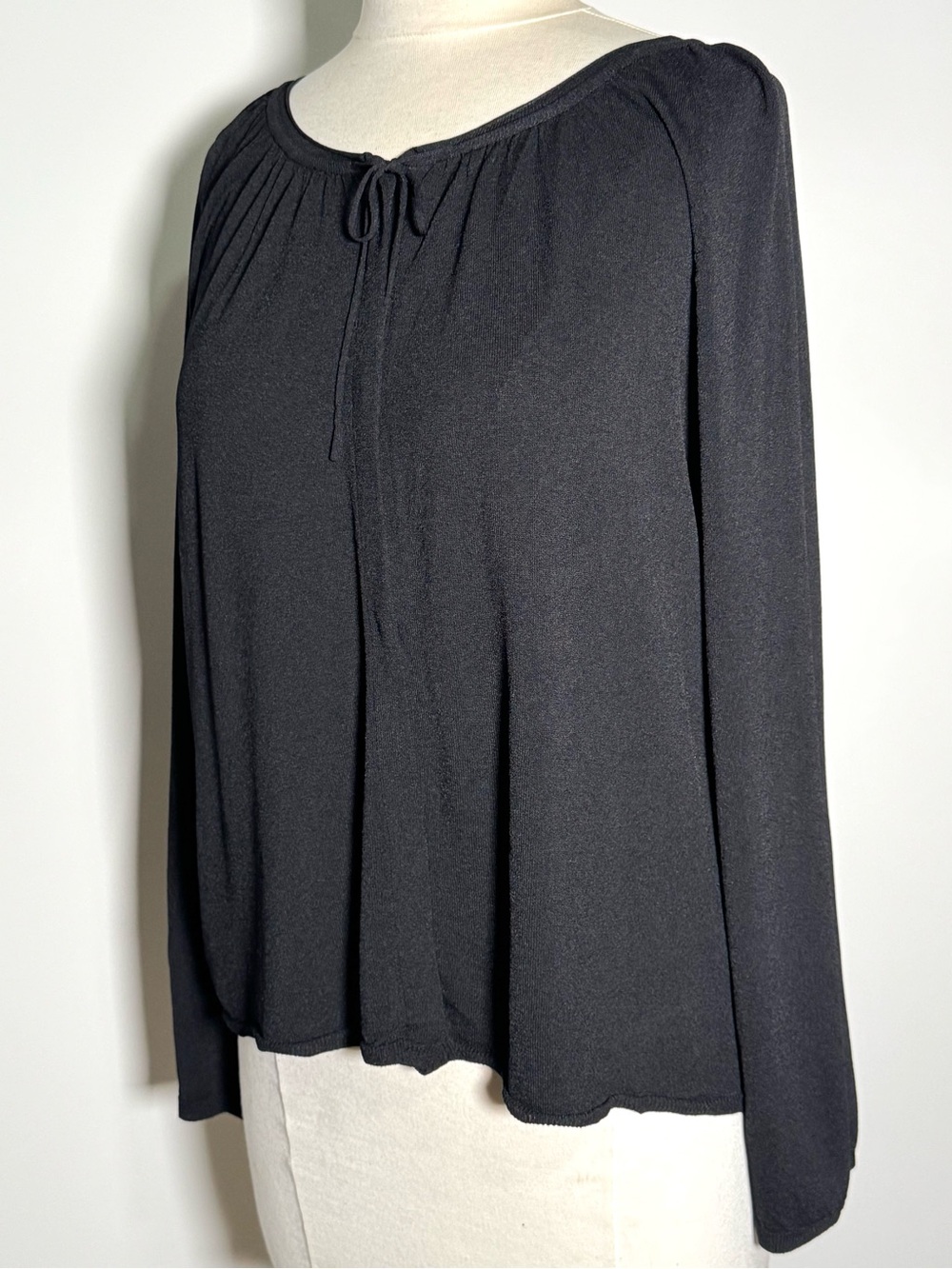 George Black Viscose Knit Top XL 16/18 Keyhole Tie Neck Long Sleeve Blouse